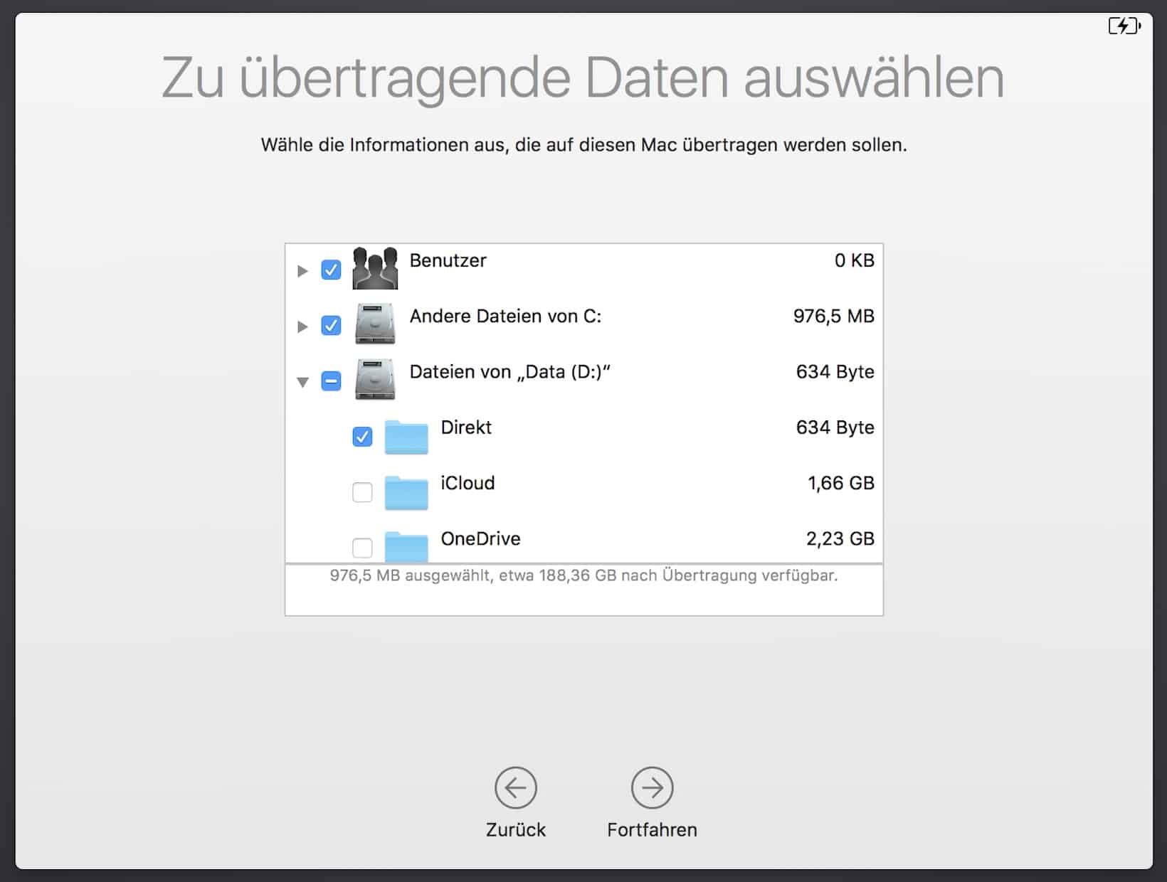 Markiere die zu übertragenden Inhalte und Einstellungen…