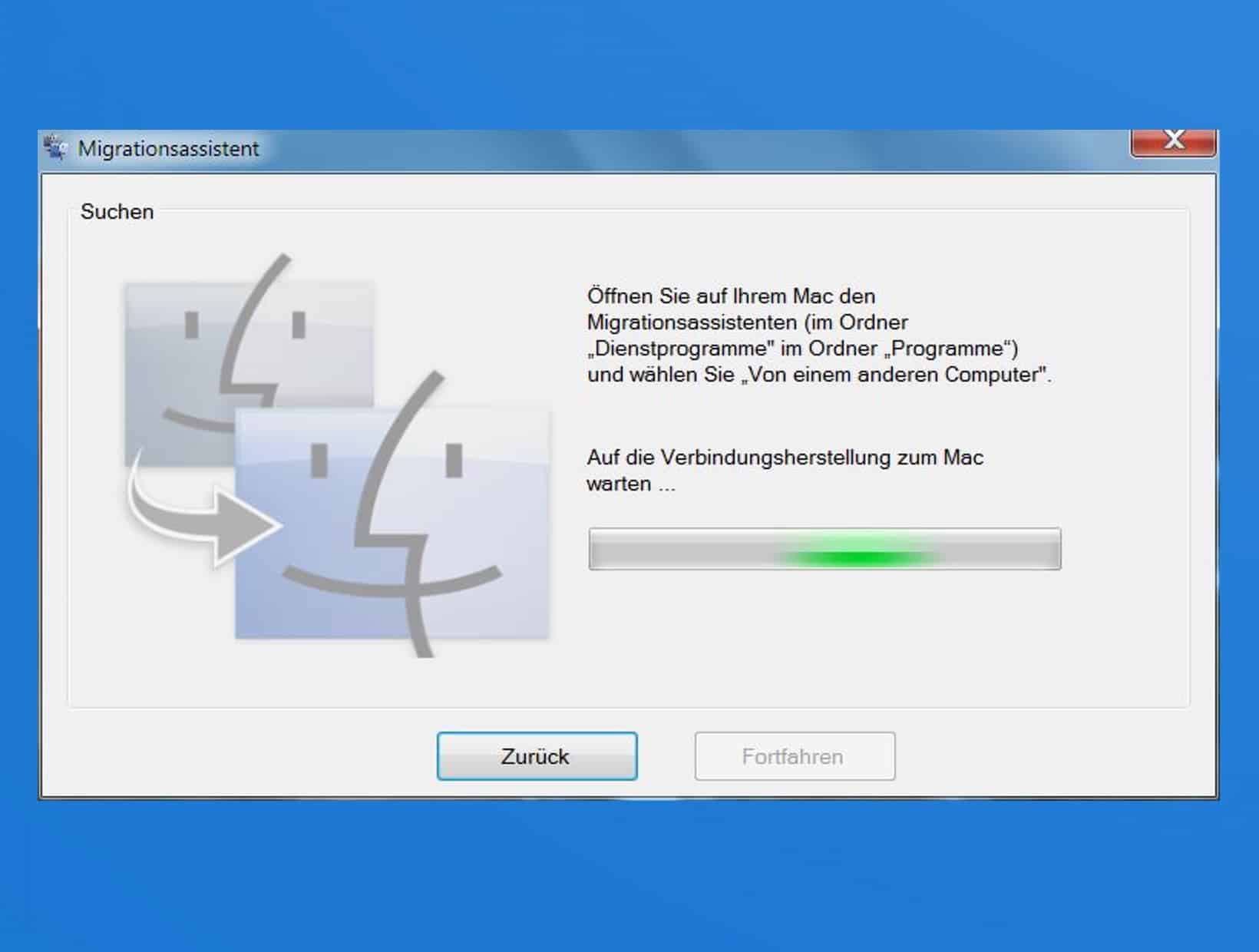 Der Windows-Migrationsassistent wartet nun auf den Mac…