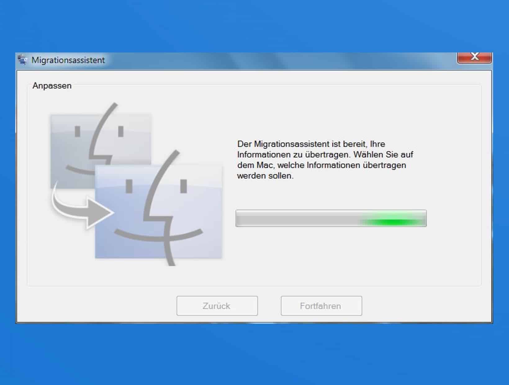 Der Windows-Migrationsassistent wartet auf den Mac…