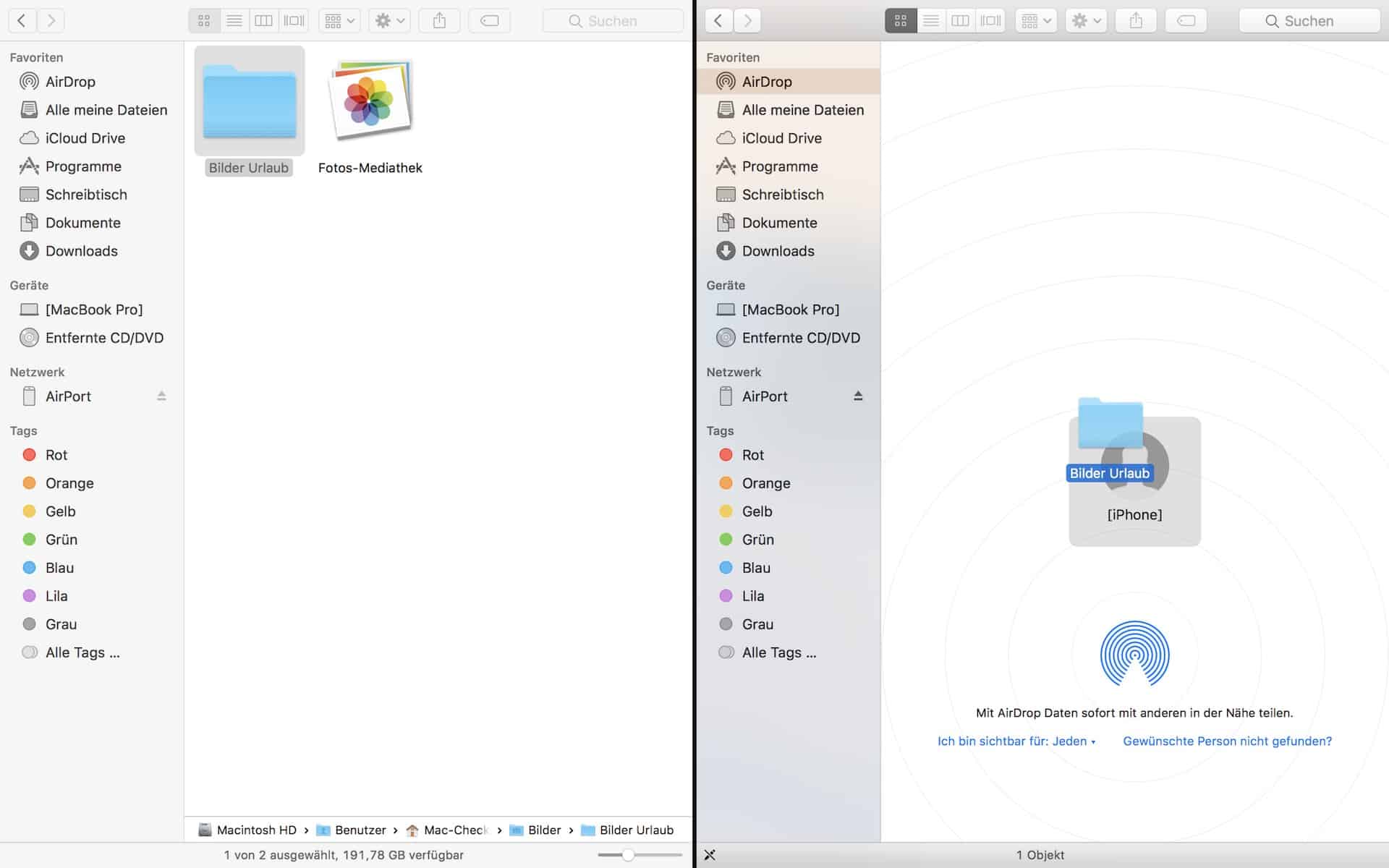 Mit AirDrop können Dateien per Drag-and-Drop von macOS an andere Geräte gesendet werden, z.B. zum iPhone (rechts im Bild)…